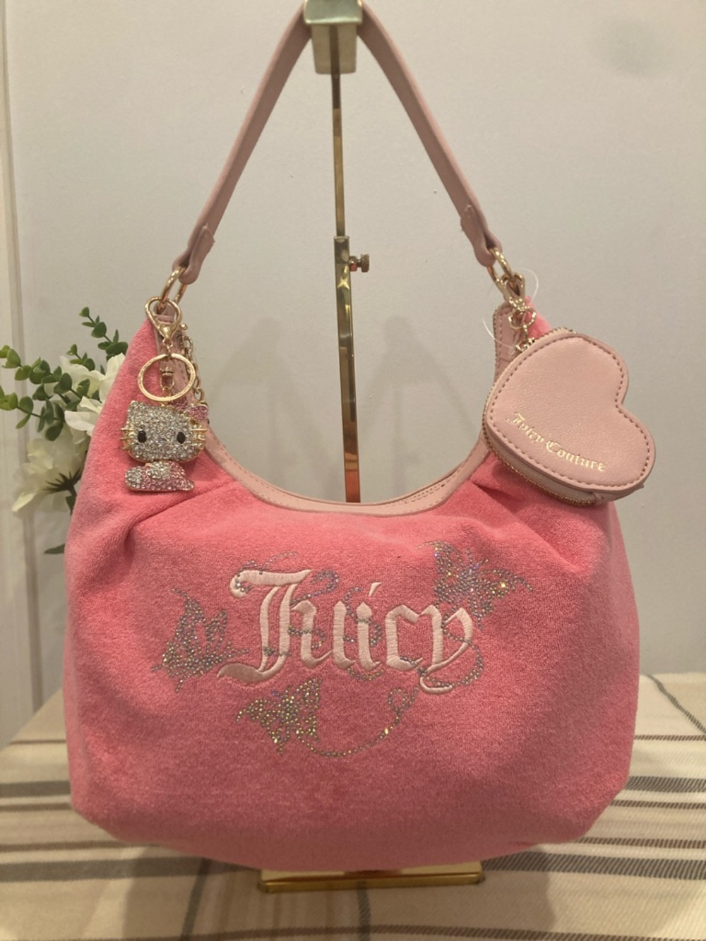 NWT Juicy Couture Pink Terry Cloth Butterfly Bling Hobo Bag Y2K Shoulder Purse